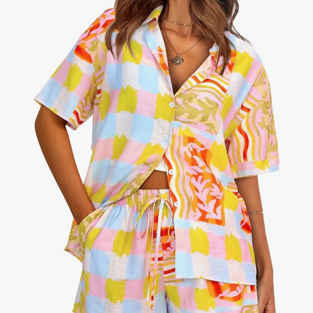 Colorful Checkered Button-Up Shirt and Shorts Set